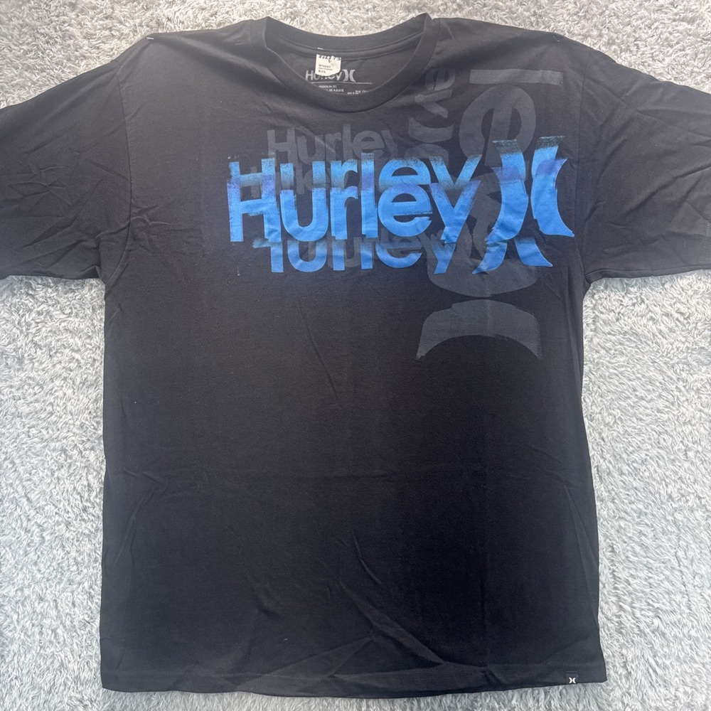 Hurley y2k Short Sleeve TShirt Black Blue Grey Size XLarge Big Print Skater FLAW